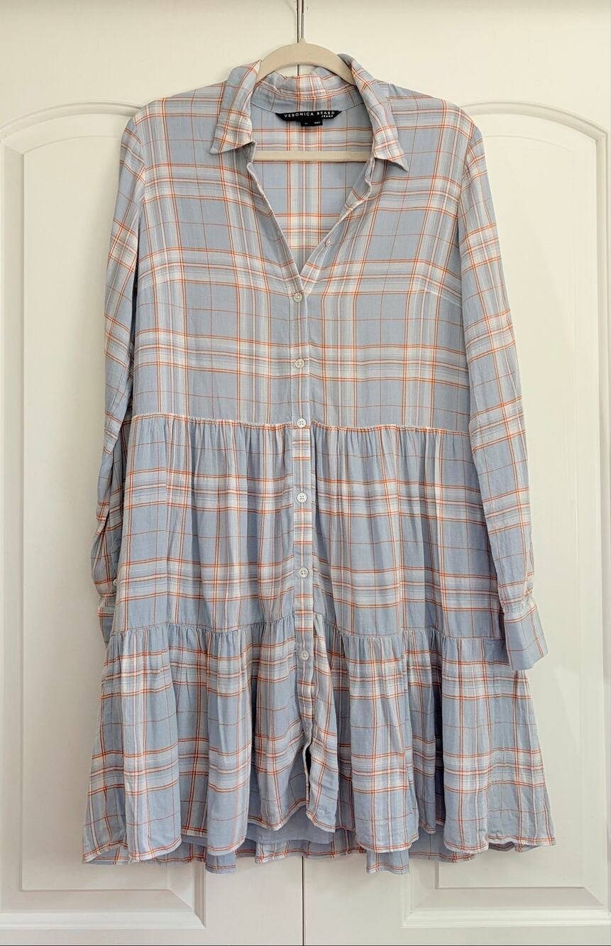 Veronica Beard Plaid Tiered Shirt Dress M Linen Blend Button Front Blue Boho